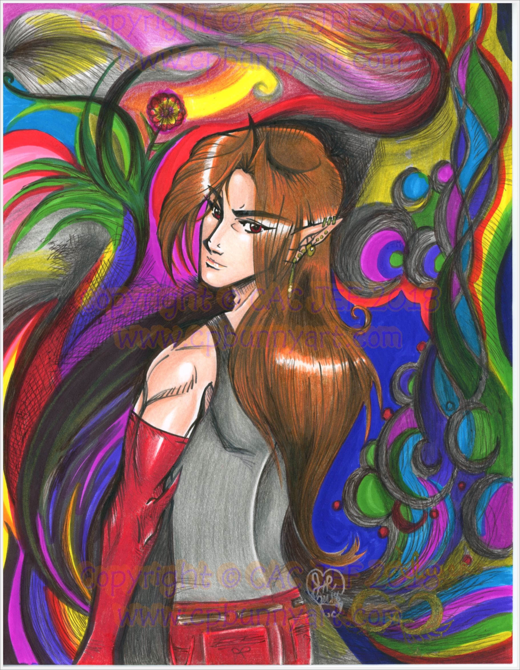 Alayer in colorful swirls